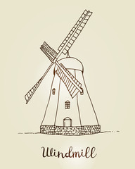 Windmill vector drawing, hand drawn sketch of mill isolated on beige background