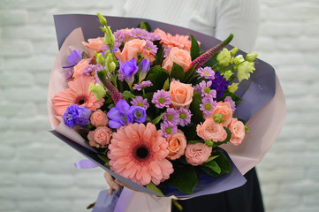 bouquet of pink and blue flowers