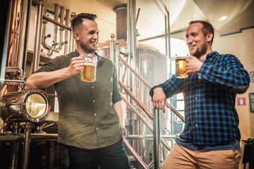 Two men tasting fresh beer in a brewery