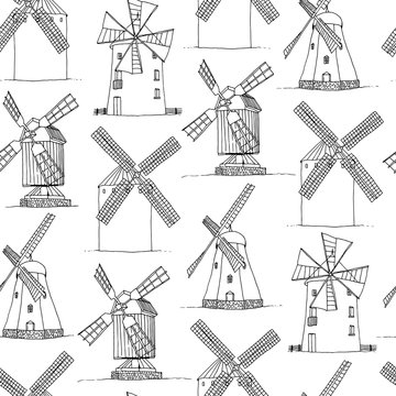 Windmills vector silhouettes seamless pattern, hand drawn mills vintage white background