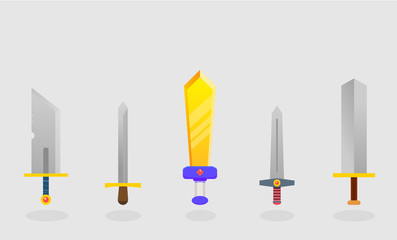 Set of golden and steel Swords. Cartoon flat style Illustration isolated on grey background for icon, video game, web design