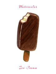 realistic icecream illustration isolated on white background. Watercolor icecream painting. chocolate ice cream bar stick. chocolate sundae on a stick. bitten Ice cream covered with chocolate