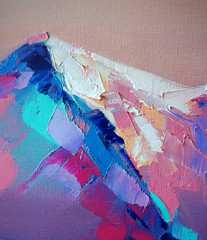 Beautiful mountains painted oil in multicolored tones. Conceptual abstract closeup of a painting by oil and palette knife on canvas.