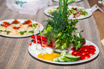  Vegetable sliced ​​on the table in a cafe.