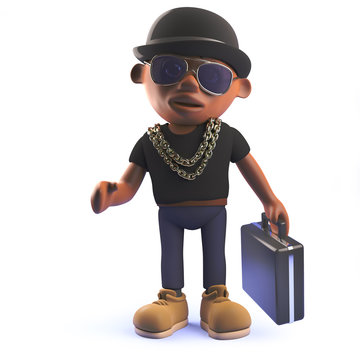 3d cartoon black African American hiphop rapper with bowler hat and briefcase