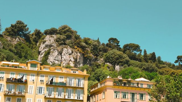 Sunny panorama of Nice. amera goes to the sky.