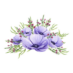 Watercolor bouquet of anemones, sprigs of eucalyptus and chamelaucium isolated on white. Hand painted flowers and leaves perfect for wedding invitation, greeting card and fabric textile. Illustration