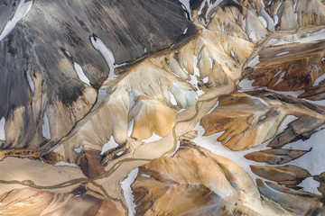 Landmannalaugar National Park - Iceland. Rainbow Mountains. Aerial view of beautiful colorful volcanic mountains. Top view. Picture made by drone from above.