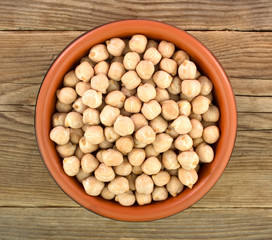 chickpeas in bowl  on old wooden background.