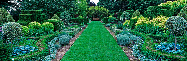 Panoramic view of the pattern border in the upper gardenof a country house garden