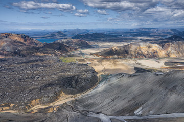Fototapeta na wymiar Landmannalaugar National Park - Iceland. Rainbow Mountains. Aerial view of beautiful colorful volcanic mountains. Top view. Picture made by drone from above.
