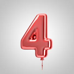 Shiny metallic red balloon number 4 isolated on white background