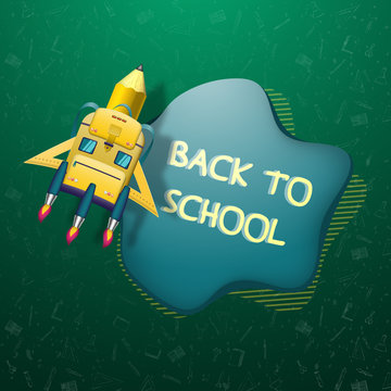 A school bag in the form of a rocket and a school bus takes off to new knowledge. Back to school. Vector illustration.
