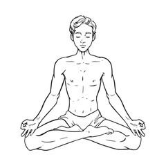 Drawing of meditating yogi, relaxed man in lotus pose, vector illustration
