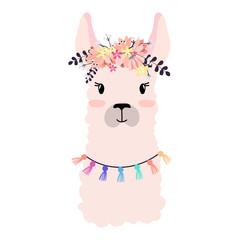Llama illustration, cute hand drawn elements and design for nursery design, poster, birthday greeting card