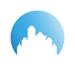 city skyline in blue circle background