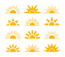 Sunrise & sunset symbol collection. Horizon flat vector icons. Morning sunlight signs. Isolated object. Yellow sun rise over horison.