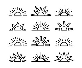 Sunrise & sunset symbol collection. Horizon line vector icon set. Morning sun light signs. Isolated object