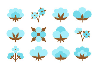 Cotton flower & ball. Symbol & logo of natural eco organic textile, fabric. Flat icon set on white background. Vector illustration