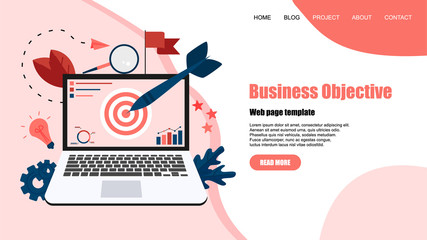 Webpage template. Business objective with an arrow, hit the target, goal achievement. Business concept vector illustration	