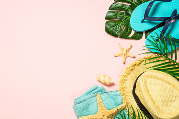 Summer flat lay background. on pink 