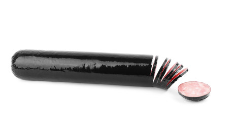 sausage in a black wrapper on a white background