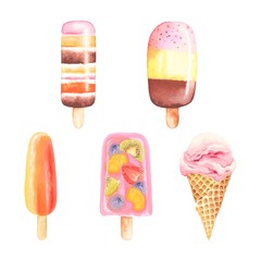 Ice cream collection of ice lolly with fruits, chocolate and waffle cone, vector illustration in vintage watercolor style.