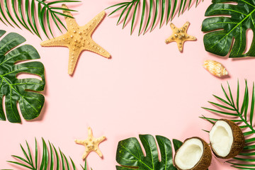 Summer flat lay background. on pink