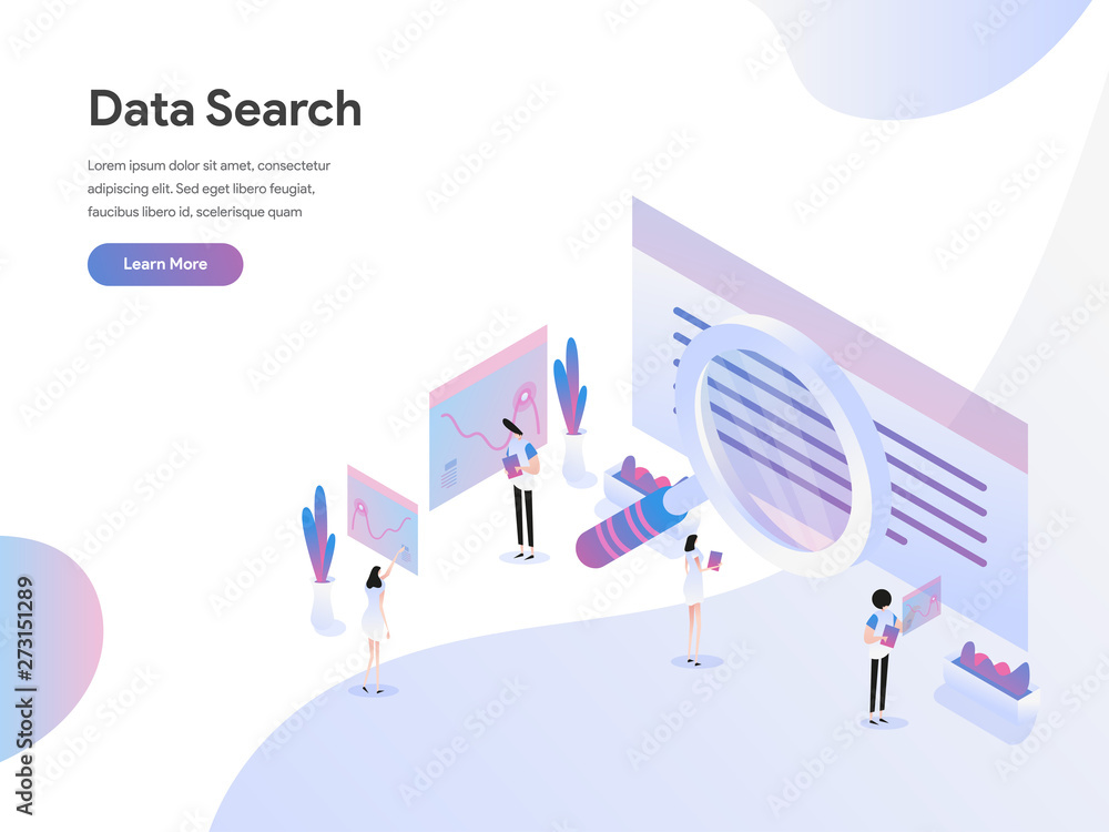 Poster landing page template of data search isometric illustration concept. flat design concept of web page