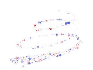 Flying red blue white star sparkles on white vector american patriotic background.