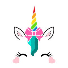 Cute unicorn face with colourful horn and decorative pink bow isolated on white background. Vector cartoon character illustration. Design for child card,t-shirt.girls,kid.magic concept.