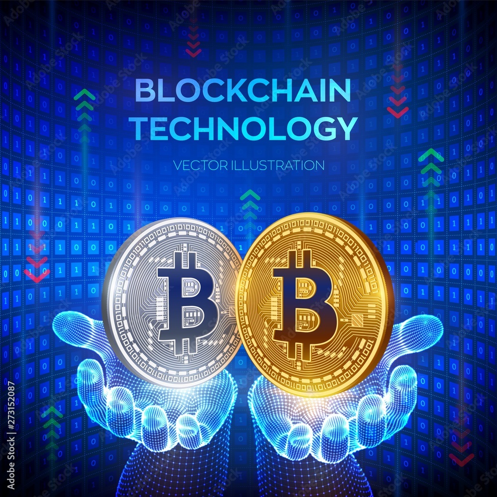 Poster bitcoin. blockchain. 3d isometric physical bit coin. block chain concept. digital currency. golden a