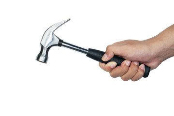Man’s hand holding hammer on white background with clipping path,repairing or construction bussiness concept