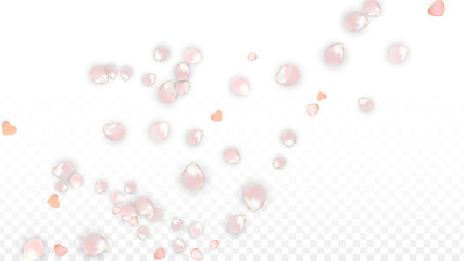 Vector Realistic Petals and Hearts Confetti. Flying Sakura and Hearts on Transparent Background. Wedding Invitation Background. Spring Romance Poster. Vector Illustration for Anniversary Design.