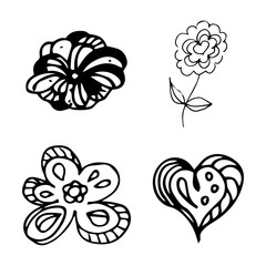 Flowers and hearts hand drawn doodle collection isolated on white background. 4 floral graphic elements. Big  set. Outline collection