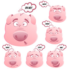 Colorfull cartoon pig emotions set. Vector pictures with text