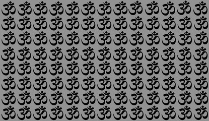 Grey Background with Traditional Indian symbols: mantra, om, ganesh. Seamless pattern with Spiritual Yoga Symbol of Om, Aum ,Ohm India symbol Meditation, yoga mantra hinduism buddhism zen, icon.