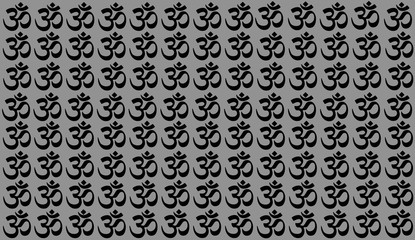 Grey Background with Traditional Indian symbols: mantra, om, ganesh. Seamless pattern with Spiritual Yoga Symbol of Om, Aum ,Ohm India symbol Meditation, yoga mantra hinduism buddhism zen, icon.