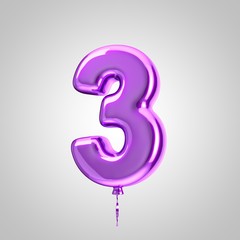 Shiny metallic violet balloon number 3 isolated on white background