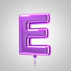 Shiny metallic violet balloon letter E uppercase isolated on white background