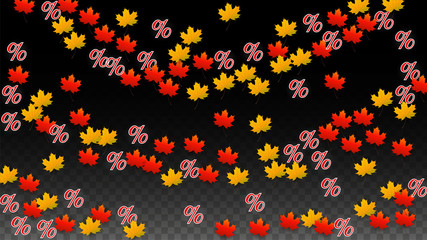 Vector Percentage Sign and Autumn Leaves Confetti on Transparent Background. Percent Sale Background. Business, Economics, Finance Print. Discount Illustration. Promotion poster. Black Friday Banner. 