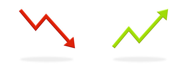 Steigender Verlauf mit grünem Pfeil und fallender roter Pfeil als Symbol für Gewinn und Verlust
