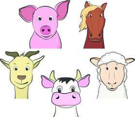 Farm animal heads set in flat style isolated on white background: pig, horse, goat, sheep, cow