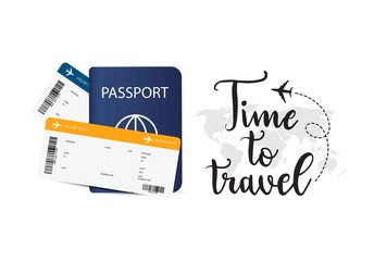 Time to travel.Vector passport with air tickets and lettering.Travel and vacation concept design