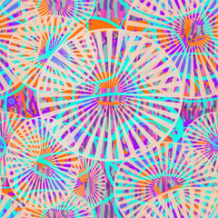 Seamless pattern of colored circles. Turquoise, pink, orange geometric elements on a background of multicolored curves lines.