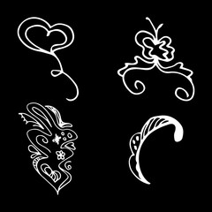 Naklejka premium Flowers and hearts hand drawn doodle collection isolated on black background. 4 floral graphic elements. Big set. Outline collection