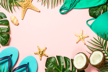Summer flat lay background. on pink 