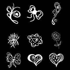 Fototapeta premium Flowers and hearts hand drawn doodle collection isolated on black background. 6 floral graphic elements. Big set. Outline collection