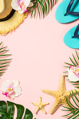Summer flat lay background. on pink 