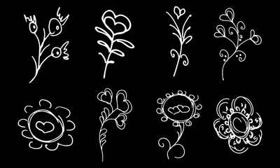 Flowers and branches hand drawn collection isolated on black background. Floral graphic elements. Big  set. Outline collection